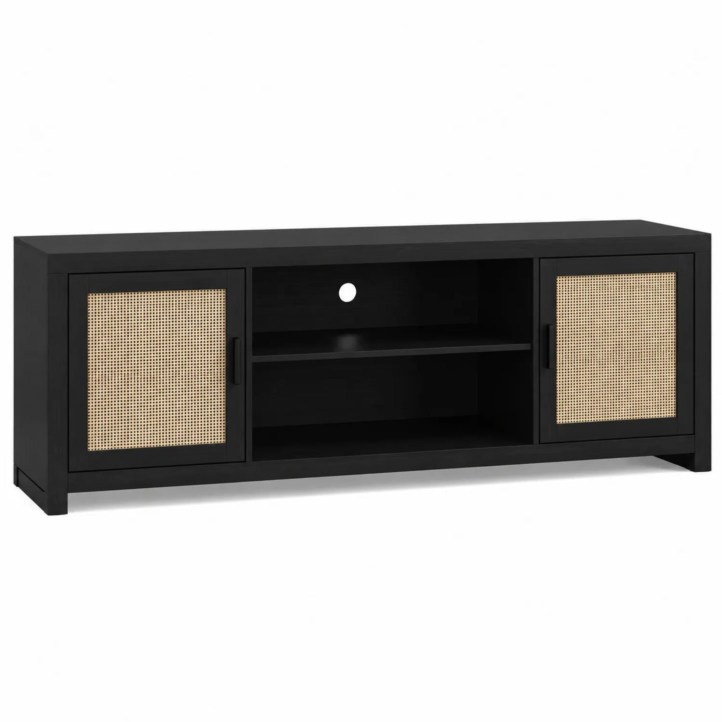 Mueble de TV de Madera y Ratán con Puertas de Rejilla 150x40x50cm Negro/Natural
