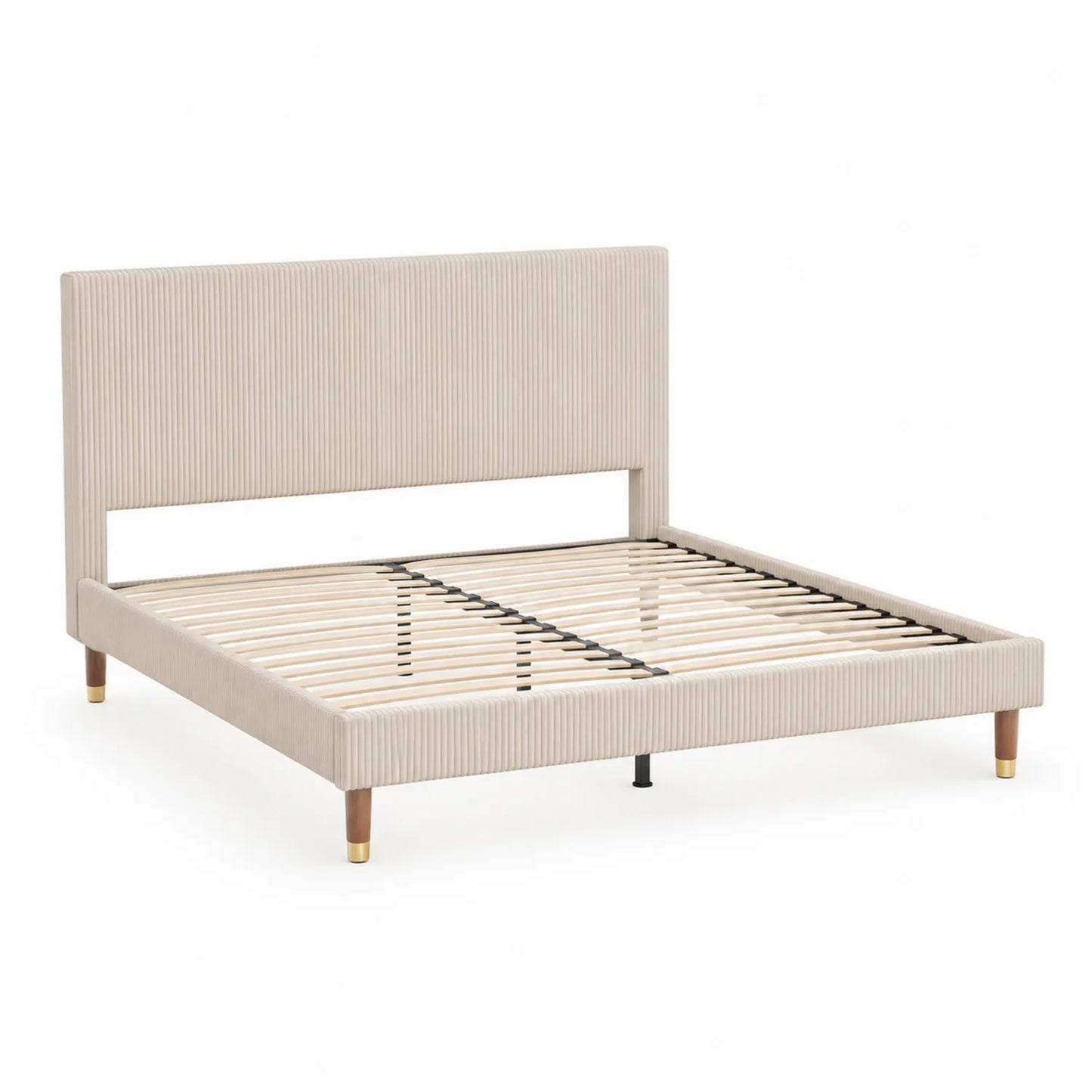 Cama de Plataforma Tapizada Beige con Patas de Madera y Terciopelo 160x200 cm