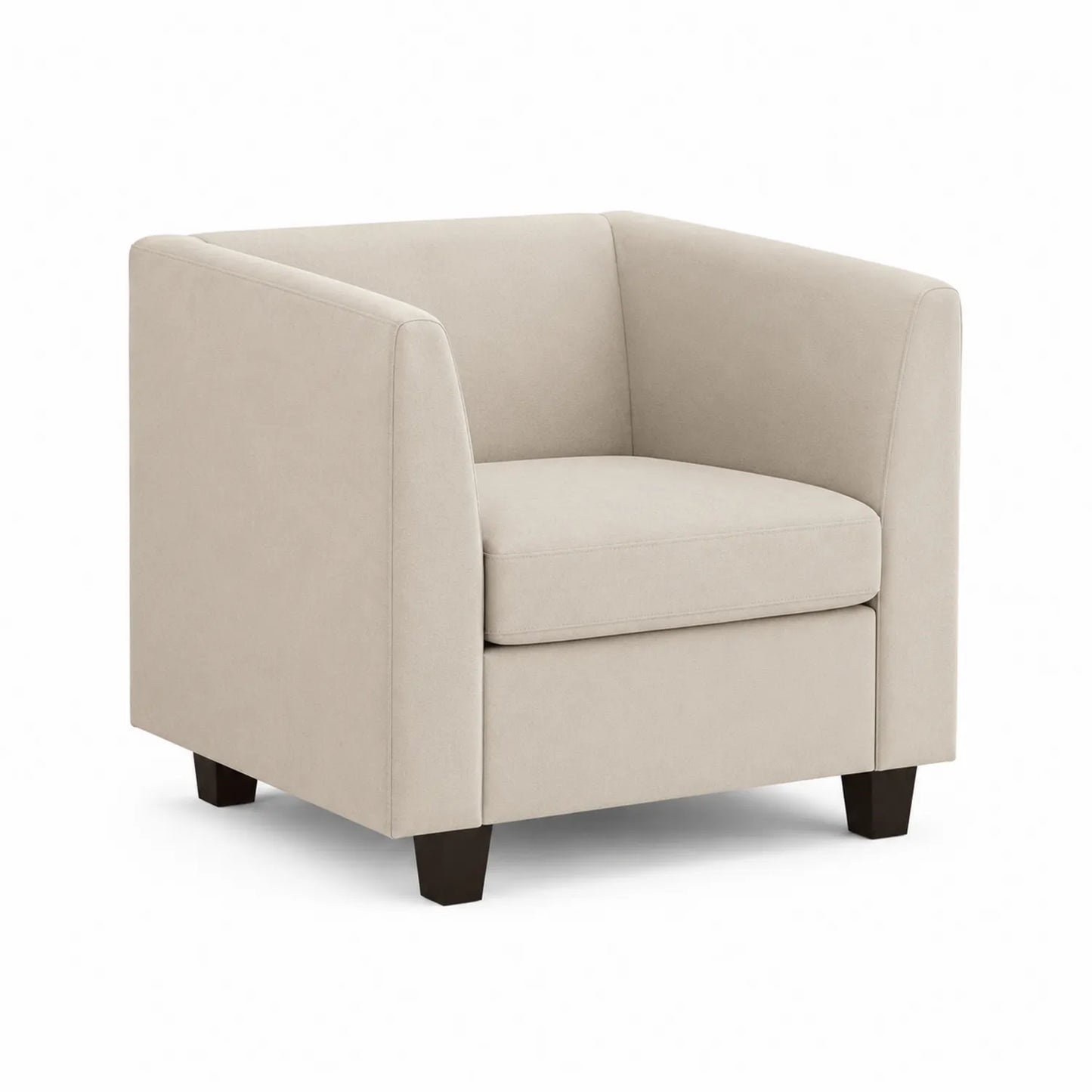 Sillón cuadrado tapizado en poliéster beige con patas de madera