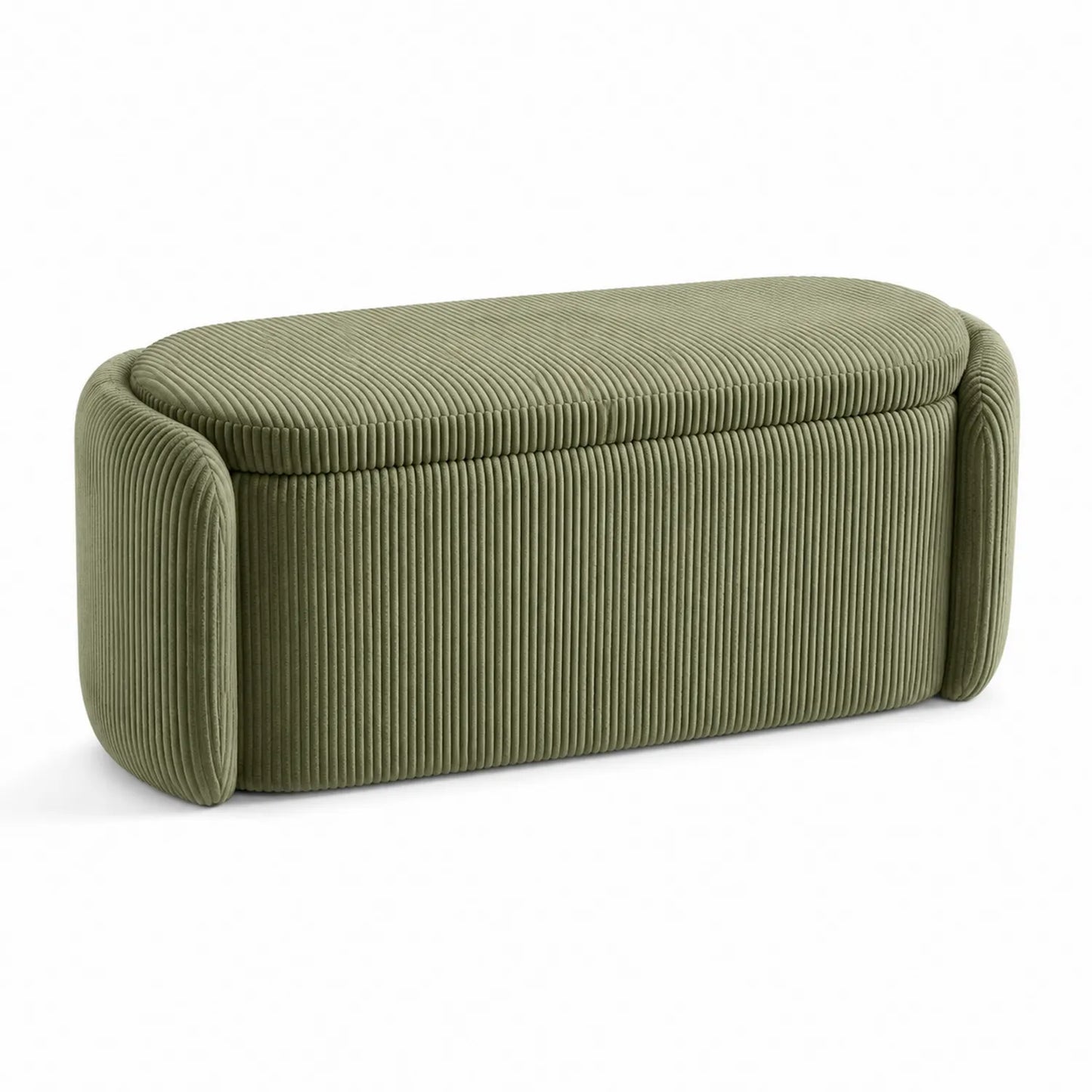 Banco de madera tapizado en pana verde oliva con almacenaje 120x45x40 cm