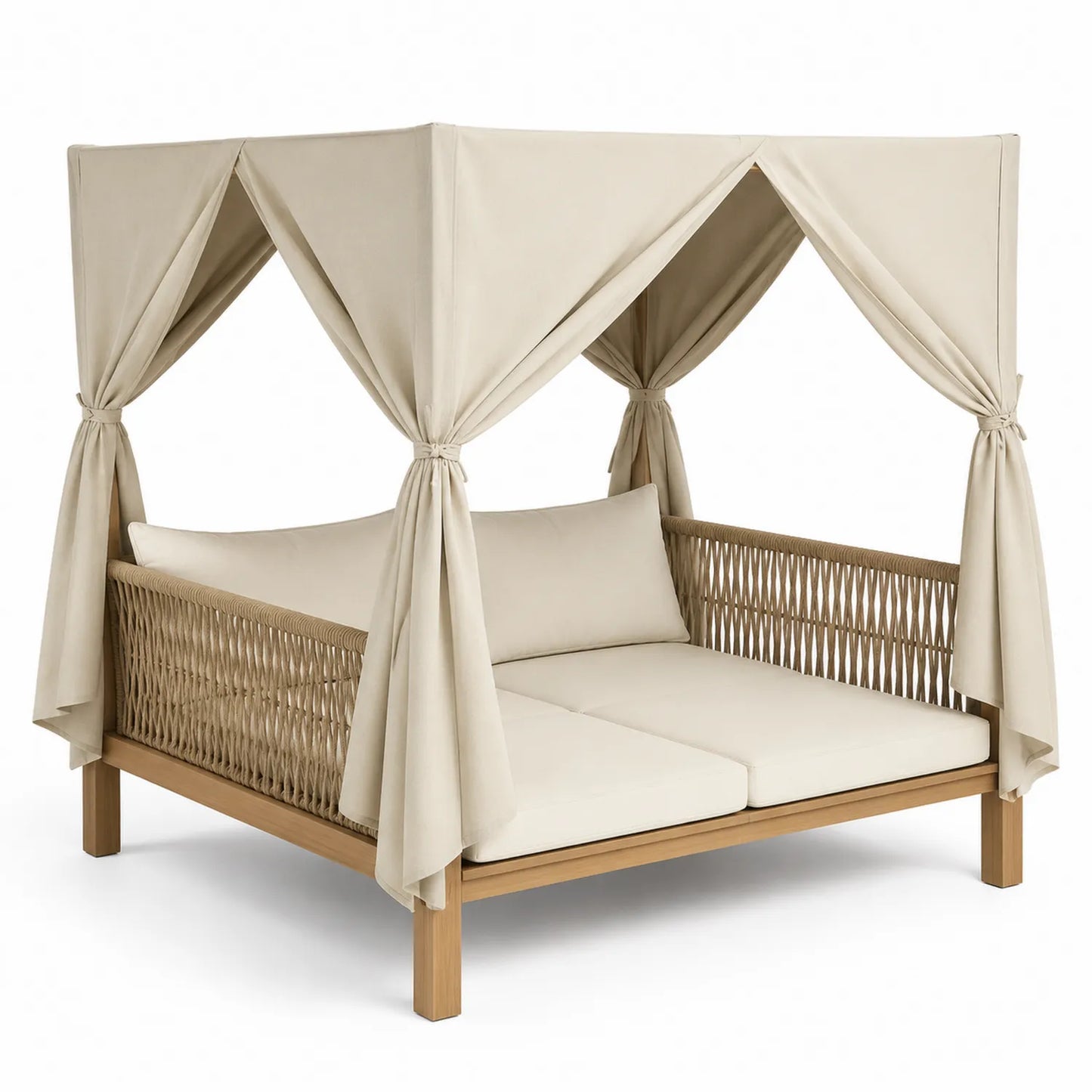 Tumbona Doble de Madera de Teca con Dosel y Cojines Color Crema