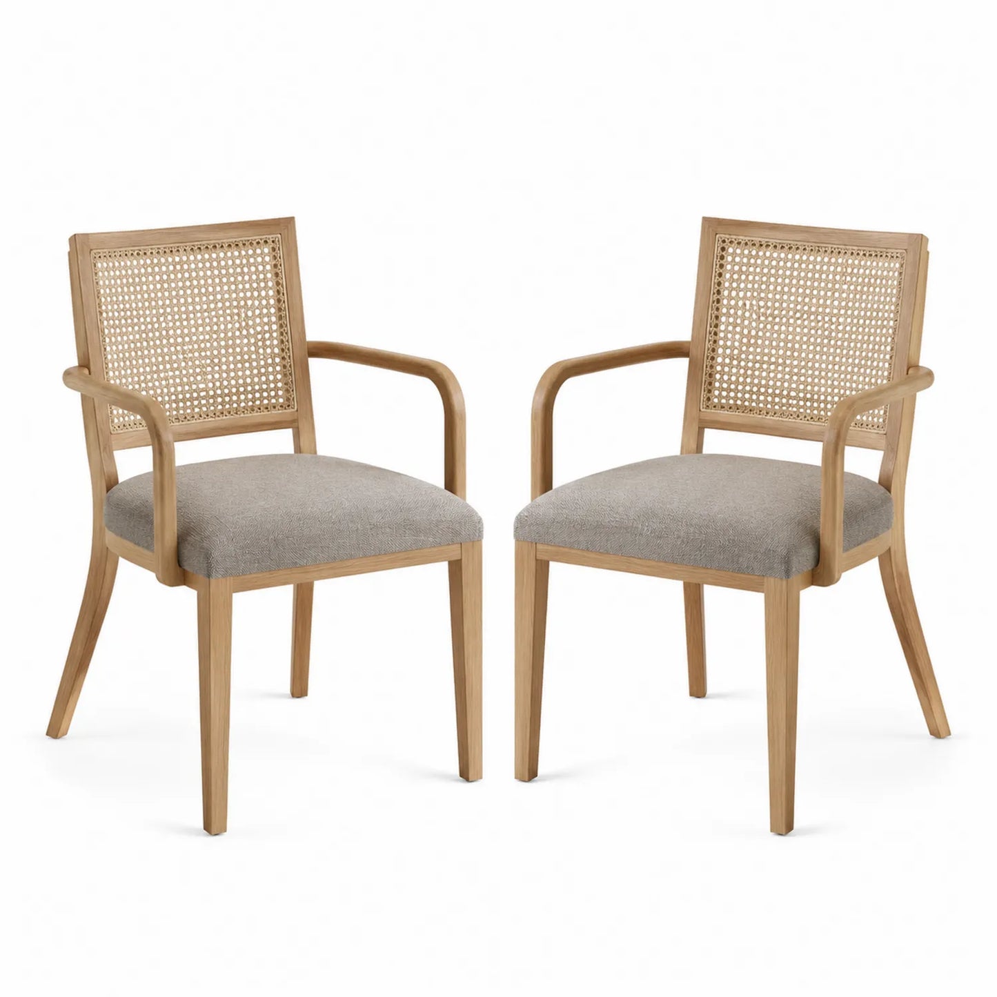 Sillas de madera maciza con respaldo de mimbre y asiento de poliéster beige, set de 2