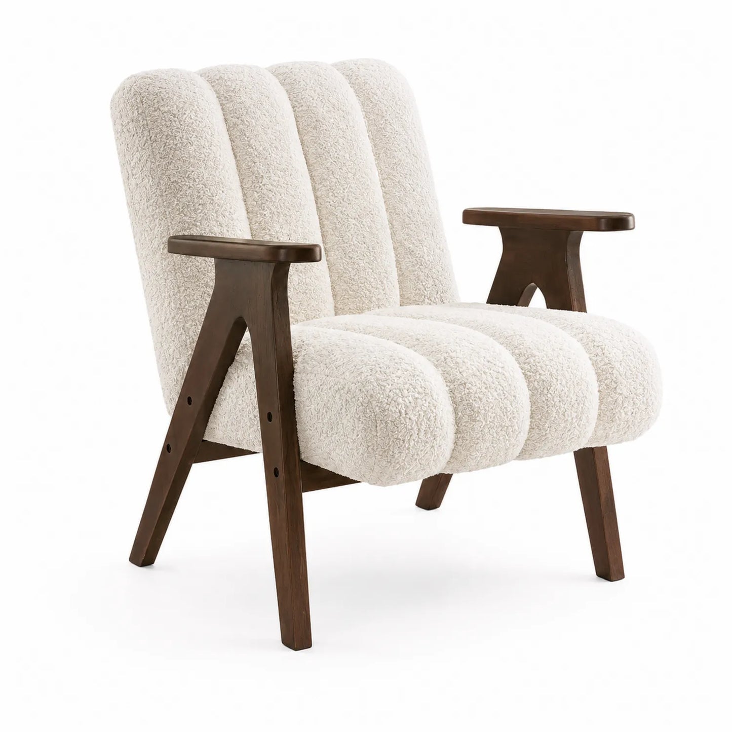 Silla de tela bouclé beige con estructura de nogal