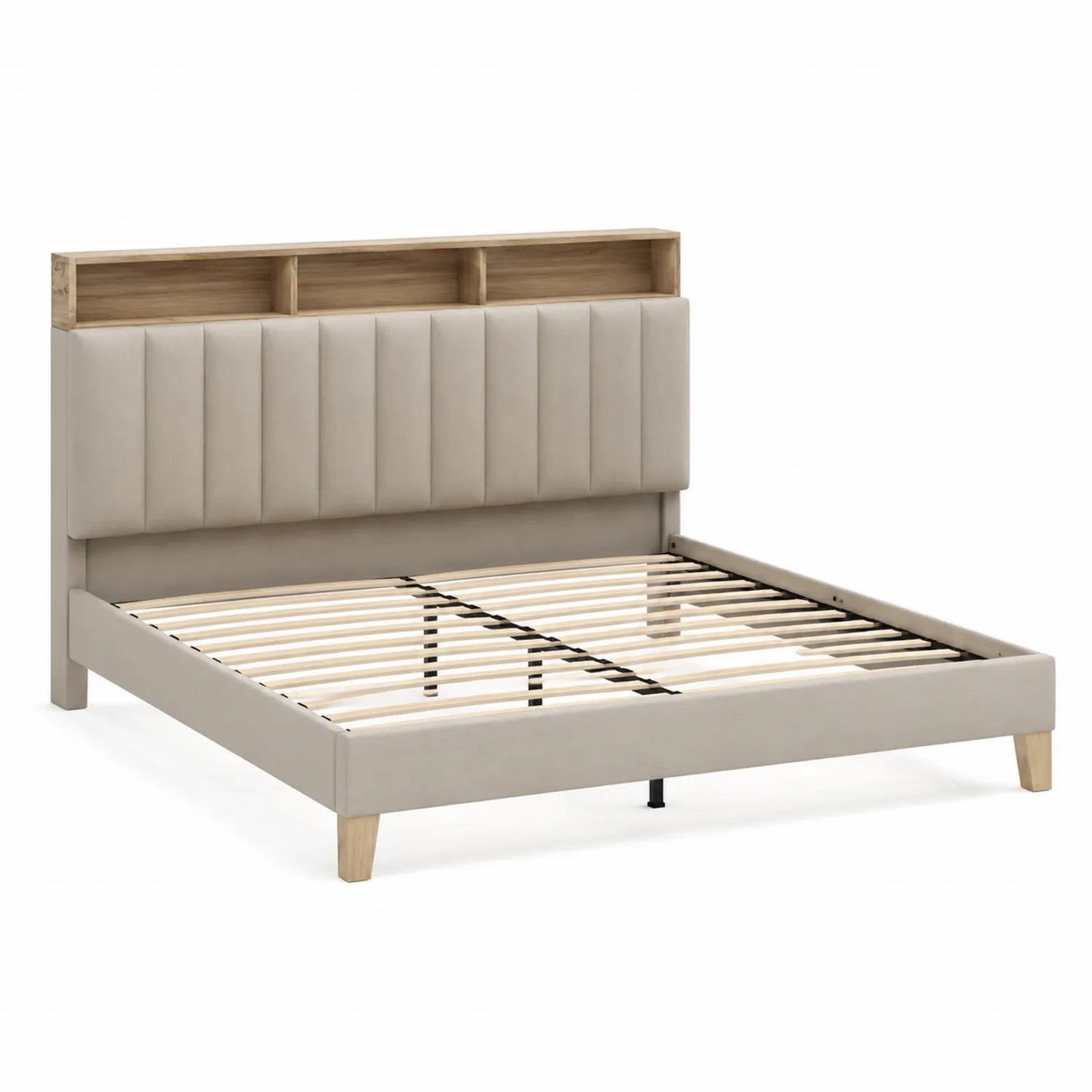 Cama de Madera Tapizada con Estante 200x160 cm Beige