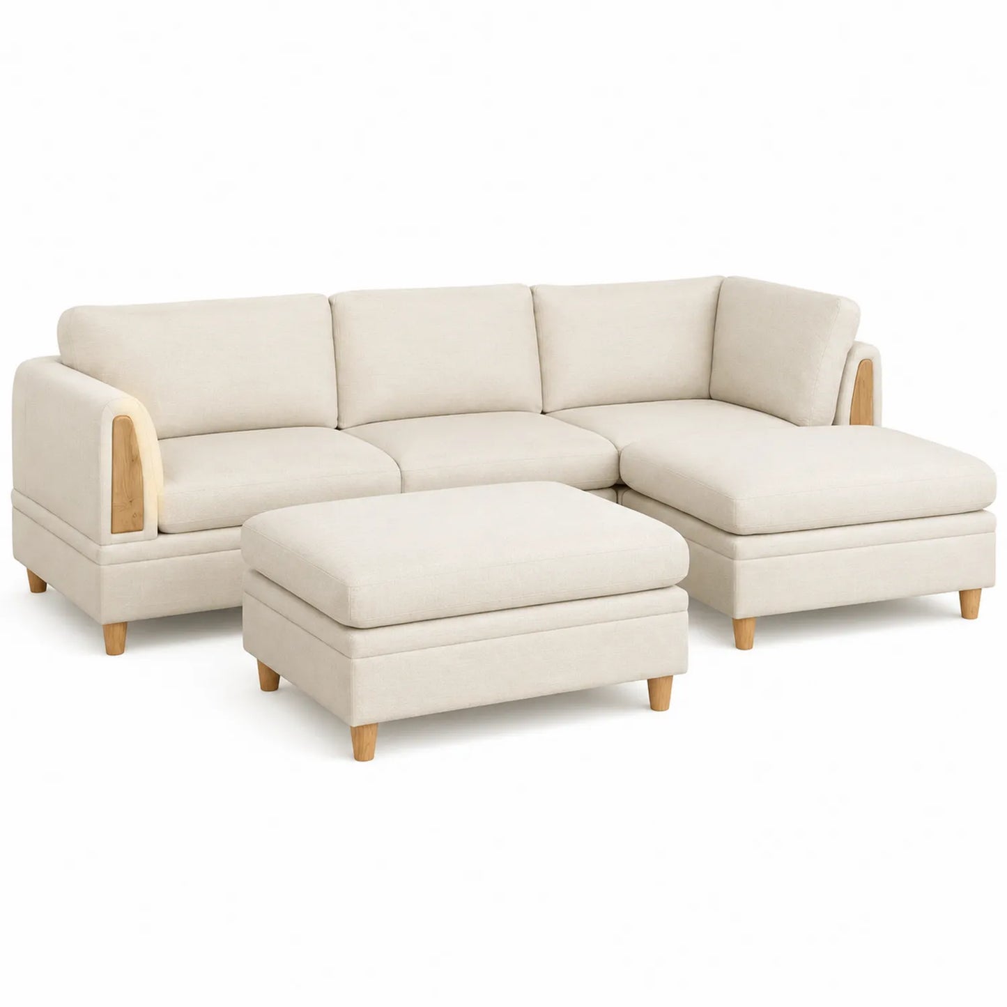 Sofá seccional en L de tela beige con chaise longue y otomana