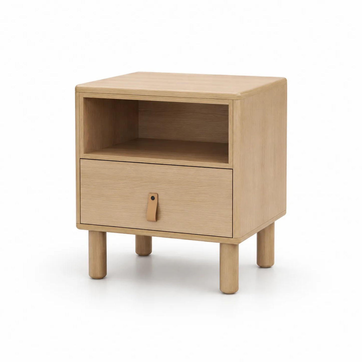 Mesa de noche de madera de roble con cajón y estante