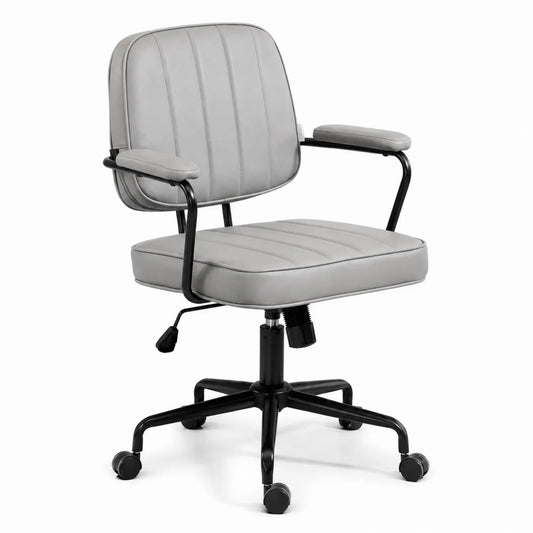 Silla de oficina giratoria de cuero sintético gris con altura ajustable