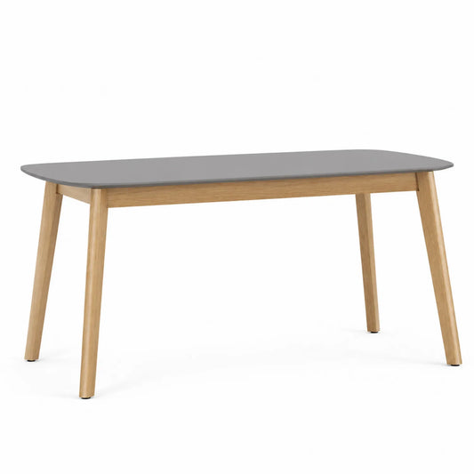 Mesa de comedor de MDF gris con patas de madera de roble