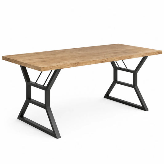 Mesa de comedor de madera y metal con estructura de acero