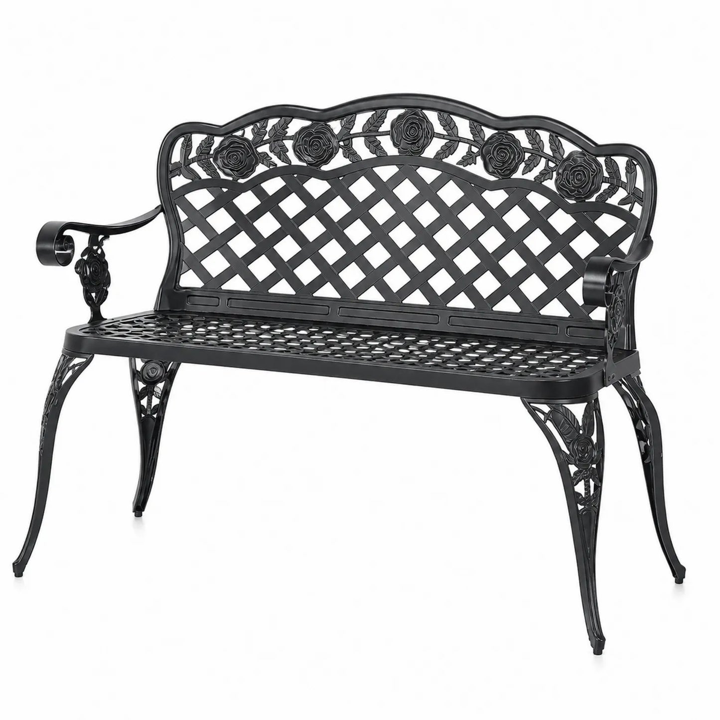 Banco de jardín de aluminio con diseño floral negro