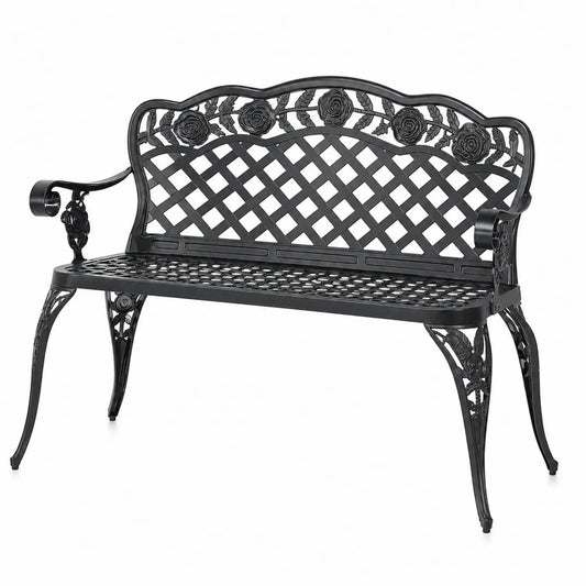 Banco de jardín de aluminio con diseño floral negro