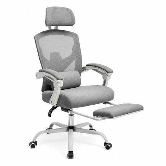 Silla de oficina ergonómica gris con reposapiés