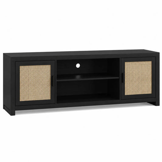 Mueble de TV de Madera y Ratán con Puertas de Rejilla 150x40x50cm Negro/Natural