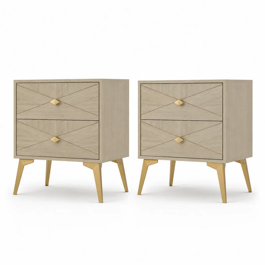Juego de 2 mesitas de noche de madera de roble y acero en Beige y Dorado