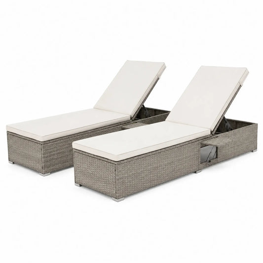 Set de 2 tumbonas de ratán sintético con cojines crema