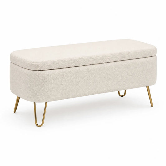 Banco de tela beige con almacenamiento y patas doradas