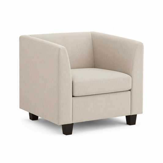 Sillón cuadrado tapizado en poliéster beige con patas de madera