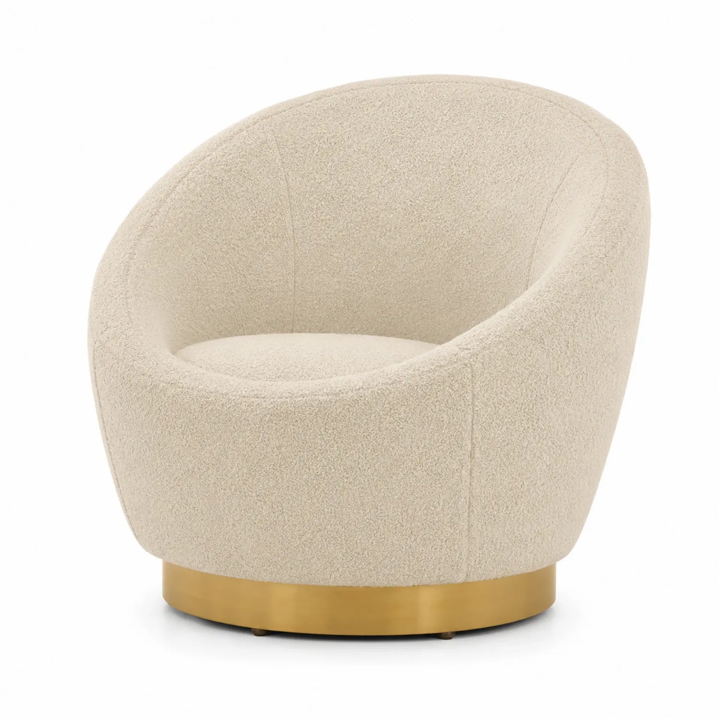 Sillón giratorio de tela bouclé beige con base de metal dorado, 80 cm alto