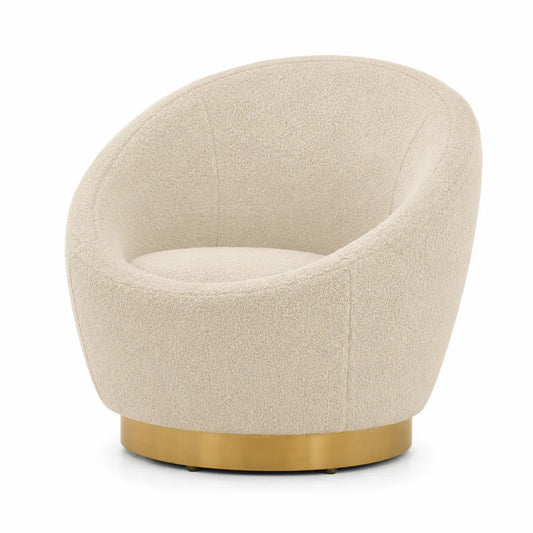 Sillón giratorio de tela bouclé beige con base de metal dorado, 80 cm alto