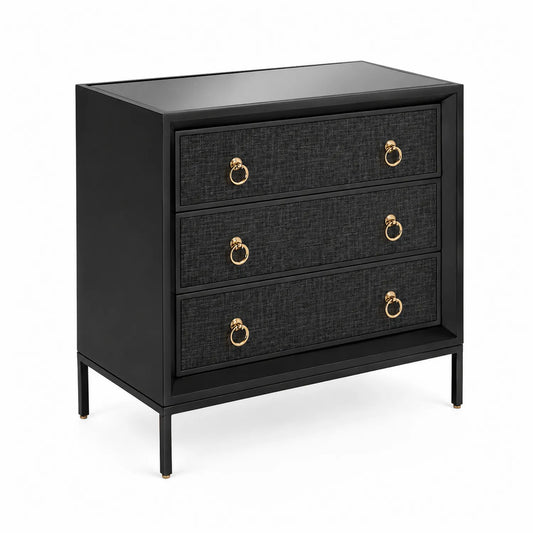 Cómoda de Madera Negra con Detalles Dorados y Tres Cajones