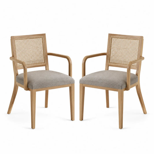Sillas de madera maciza con respaldo de mimbre y asiento de poliéster beige, set de 2