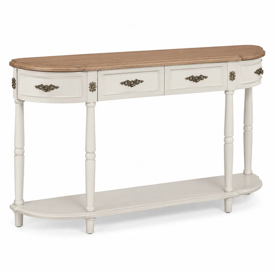 Mesa consola semicircular de madera y MDF con cajones