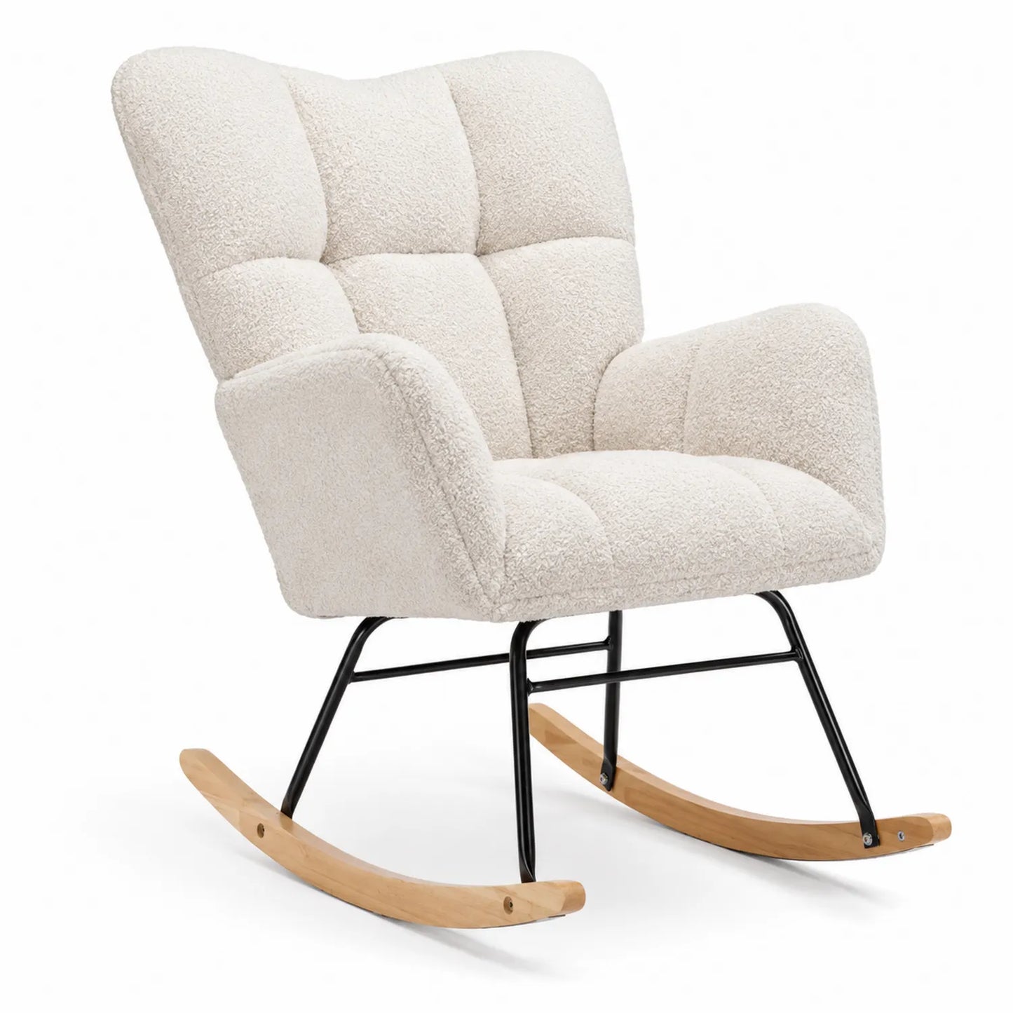 Silla mecedora de tela sherpa crema con estructura de metal y madera