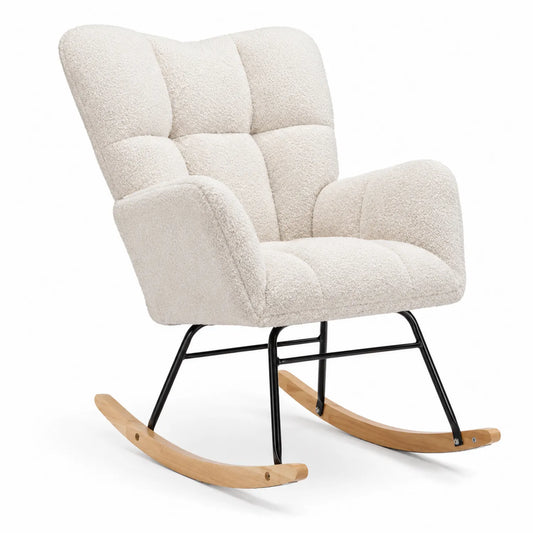 Silla mecedora de tela sherpa crema con estructura de metal y madera