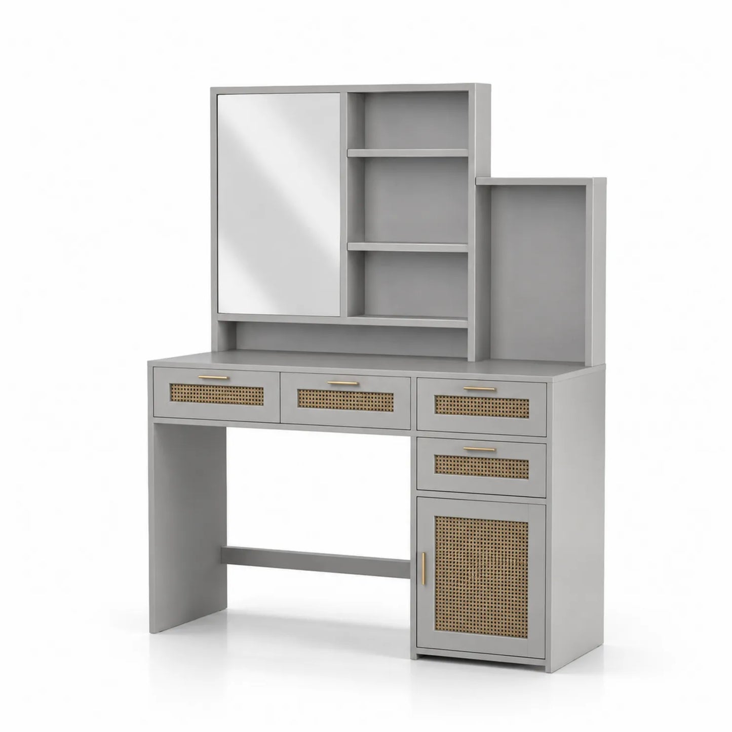 Mesa de Tocador en MDF y Mimbre con Espejo Gris