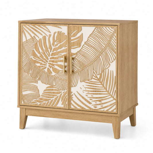 Aparador de madera de roble con diseño de hojas tropicales 80x40x80 cm
