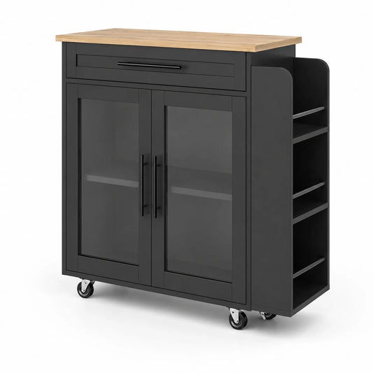 Carro de cocina con ruedas de metal y encimera de madera