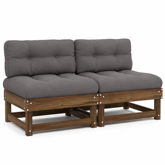 Sofá modular de madera de acacia con cojines grises