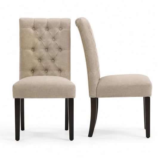 Conjunto de 2 sillas de comedor de lino beige con patas de madera