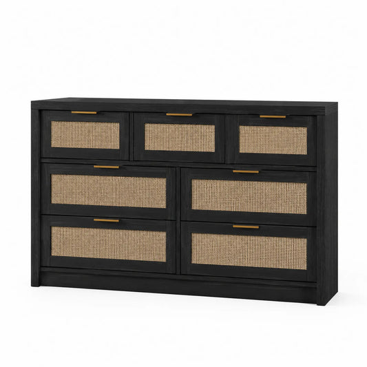 Cómoda de Madera y Ratán 7 Cajones Negro/Beige