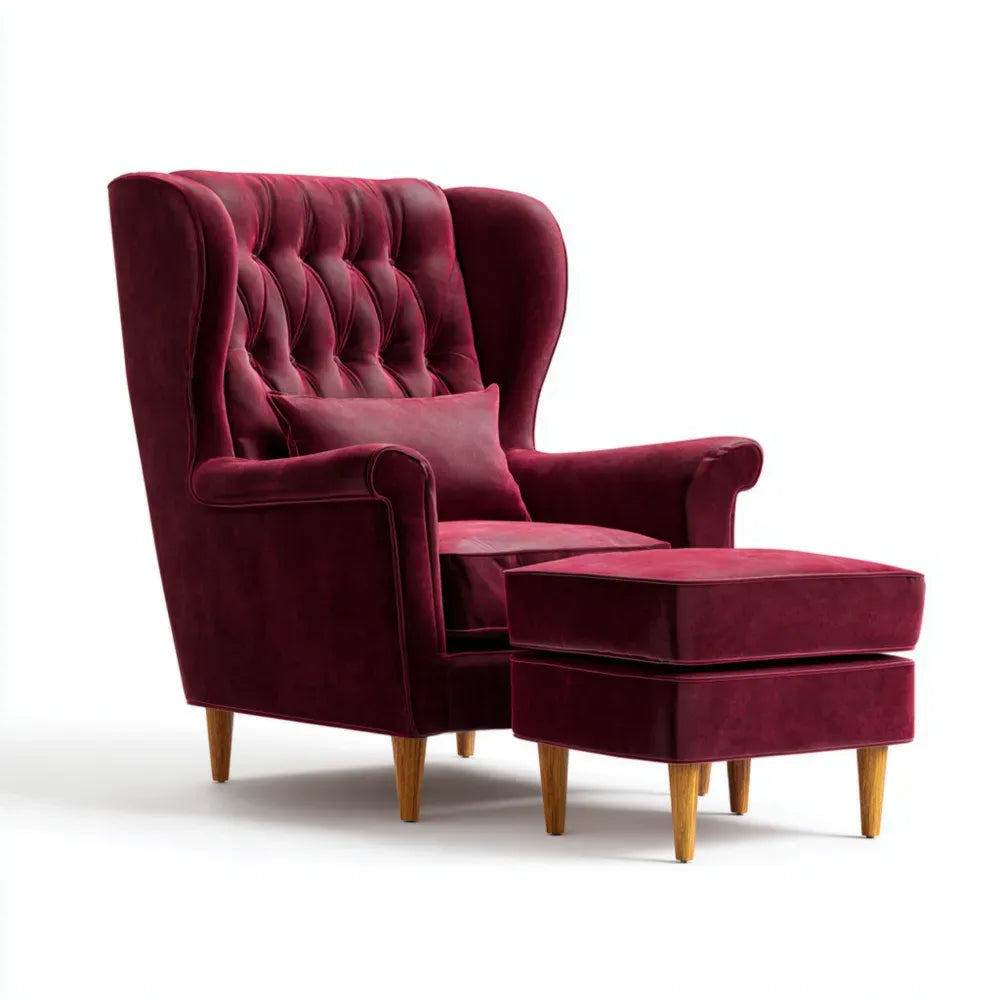 Velvet Recliner Chair with Ottoman - 35.4 x 33.5 x 39.4 Inches - Burgundy - Classic Style