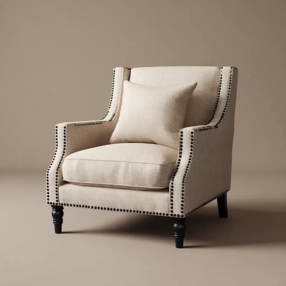 Armchair Upholstered Fabric 80x85x90 cm Beige Studded Modern Design