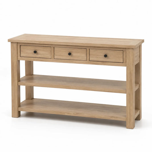 Mesa consola de madera con 3 cajones y 2 estantes color Roble