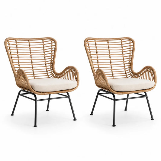 Juego de 2 sillones de ratán sintético y acero con cojines beige