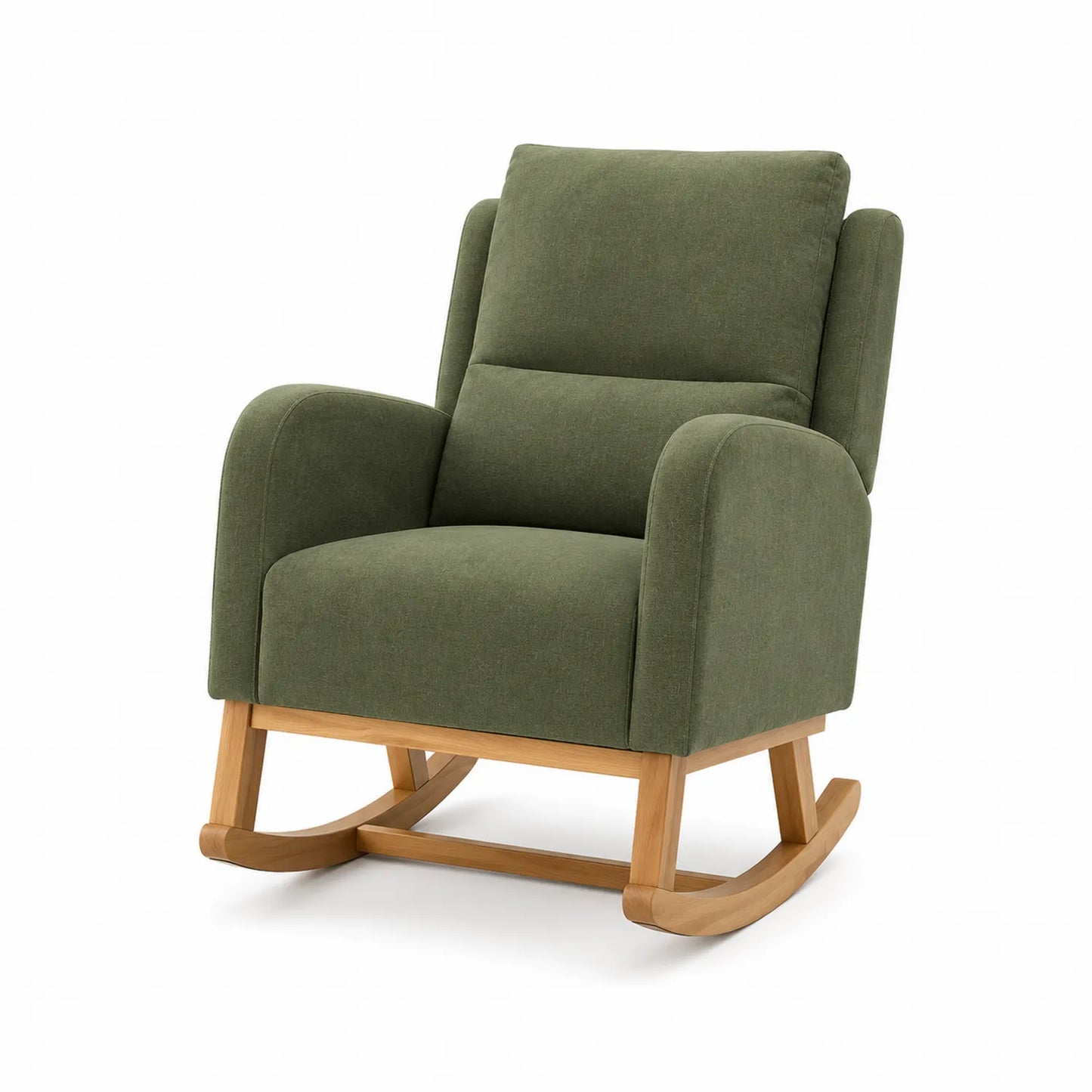 Silla mecedora de tela verde con estructura de madera