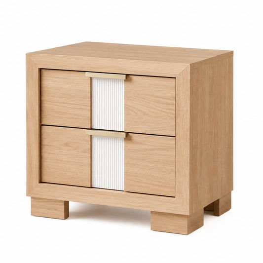 Mesita de noche de madera en roble claro y blanco
