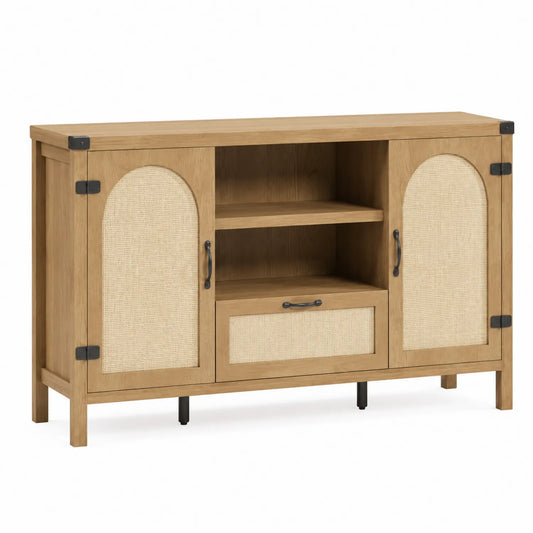 Aparador de Madera de Roble y Ratán con Estantes 150x40x85 cm