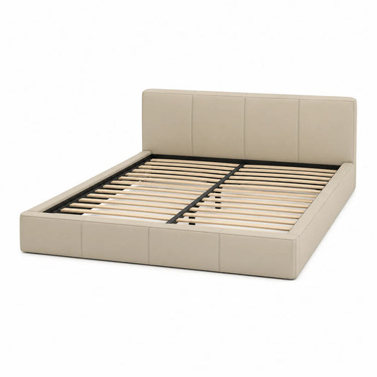 Cama doble tapizada en cuero sintético Beige con somier de madera 200x160 cm