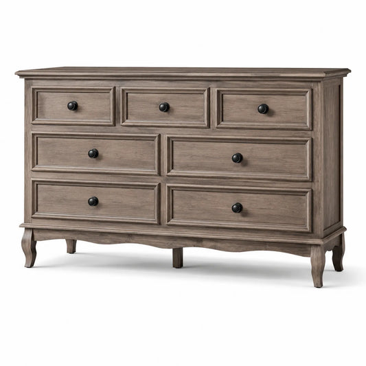 Cómoda de Madera Maciza de Roble con 7 Cajones Color Gris