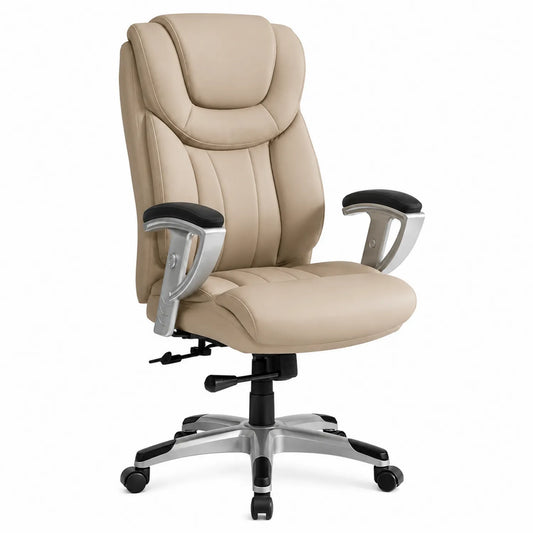 Silla de oficina de piel sintética beige con base metálica ajustable