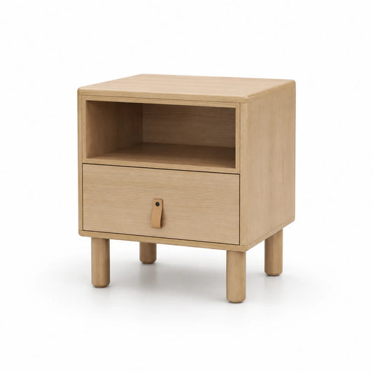 Mesa de noche de madera de roble con cajón y estante