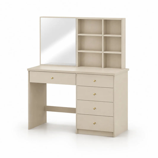Tocador con espejo y estantería beige 120x50x140 cm madera laminada con 5 cajones
