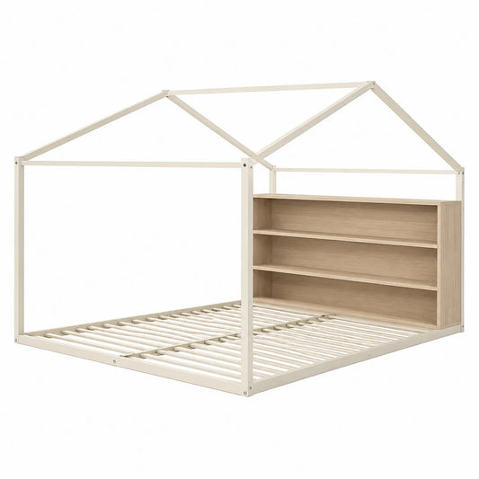 Cama infantil de madera y metal crema con estantería 200x140 cm