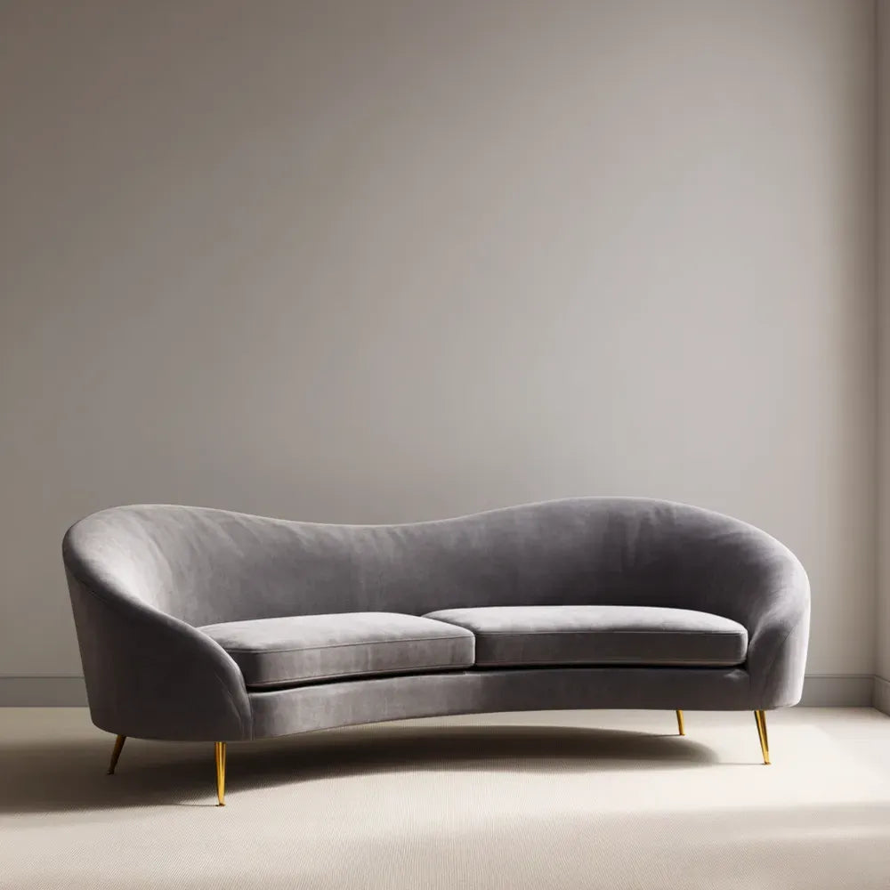 Velvet Upholstered Curved Sofa - 220x90x75 cm - Grey - Modern Elegance