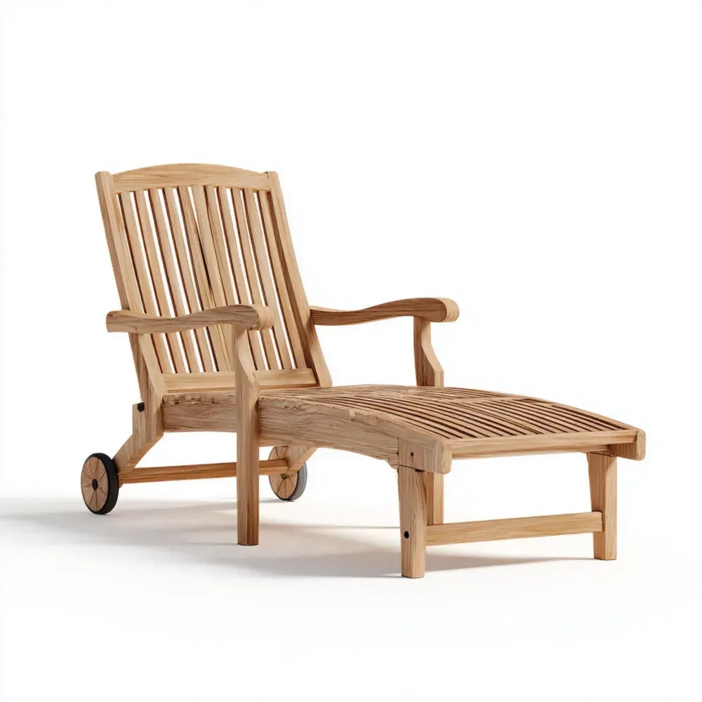Wooden Patio Recliner 190cm x 70cm x 95cm - Teak Outdoor Lounger with Wheels - Natural Finish
