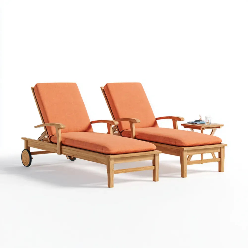 Outdoor Patio Recliner Set Teak Wood 200x65x90 cm – Orange Cushions – Adjustable Backrest